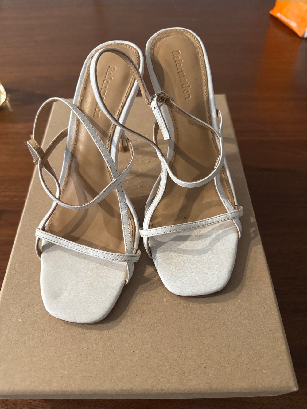 Reformation Cream Strappy Square-Toe Heels
